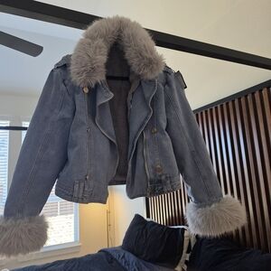 Women's Denim Jacket with Faux Fur Trim